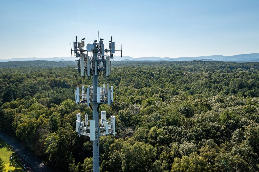 a monopole cell tower over trees