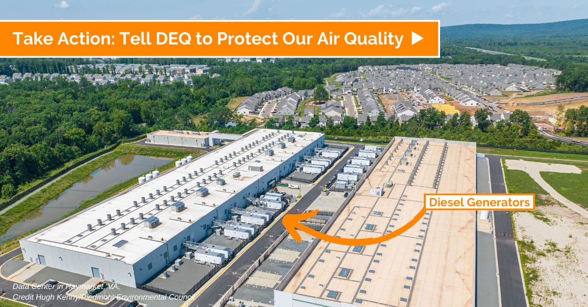 Aerial photo of data center near a residential neighborhood. There's an arrow pointing to the diesel generators next to the data center. Overlaid text reads "Take Action: Tell DEQ to Protect Our Air Quality"