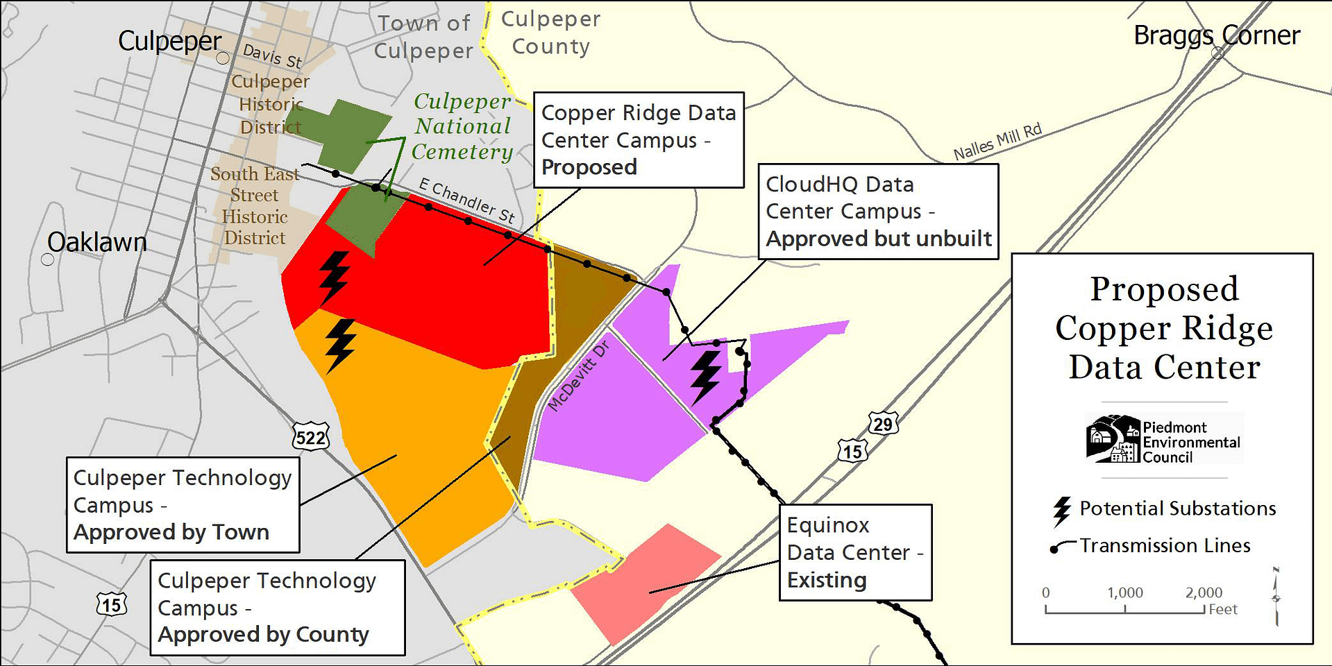 Map showing cluster of proposed, approved and existing data centers in downtown Culpeper.