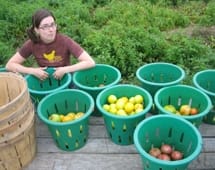 A woman stands next to buckets for harvesting produce.