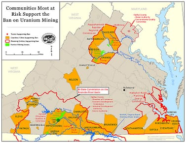 Map of communities at risk of uranium mining.
