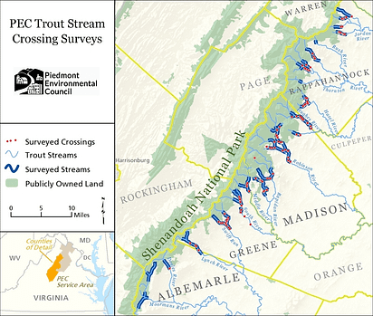 map of trout streams surveyed with crossings indicated