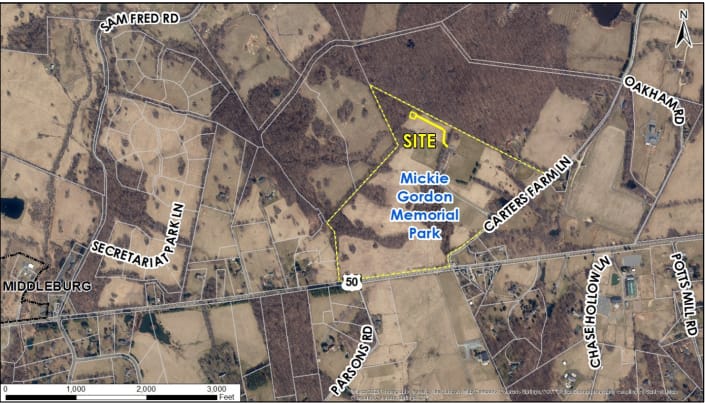 aerial map with tower site marked in yellow at the northwest corner of Mickie Gordon Memorial Park
